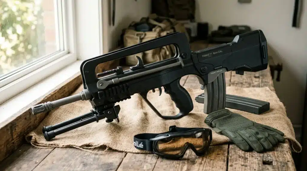 Fusil paintball noir avec accessoires sur table