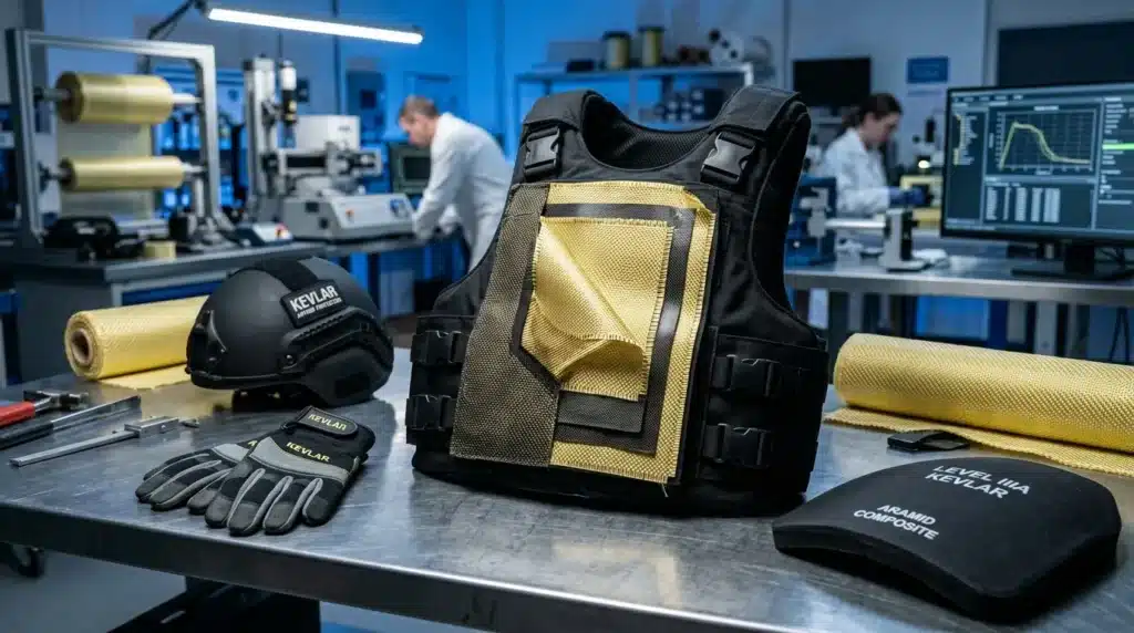 Gilet pare-balles, gants et casque Kevlar en laboratoire