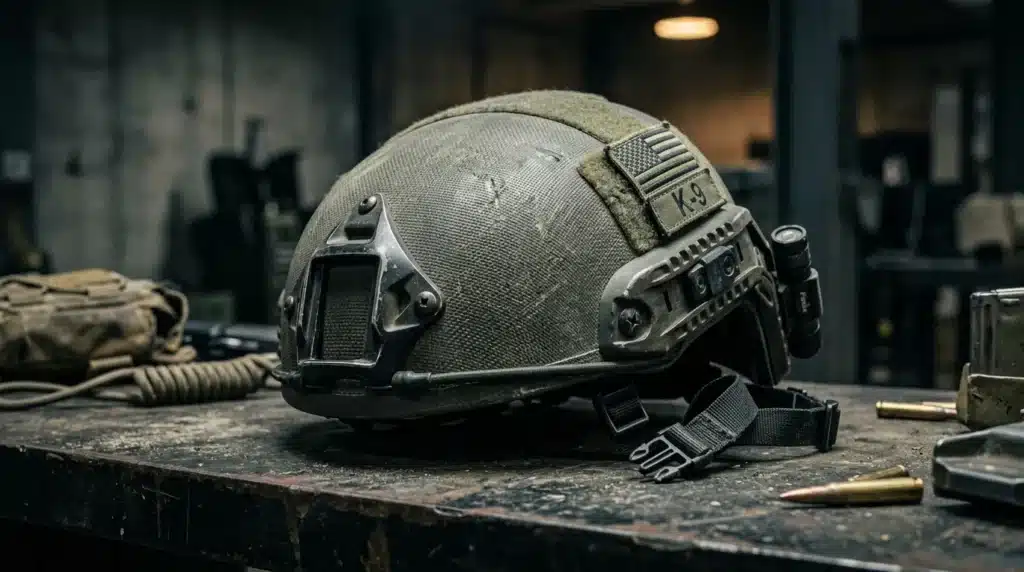 Casque tactique K9 avec accessoires militaires sur table