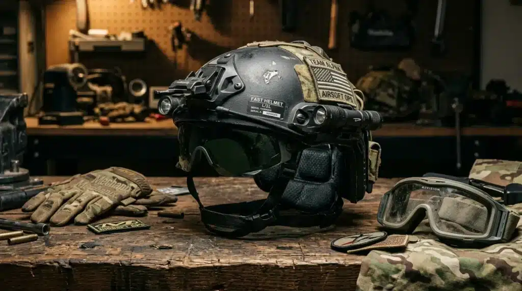 Casque tactique noir avec équipements militaires et gants camouflage