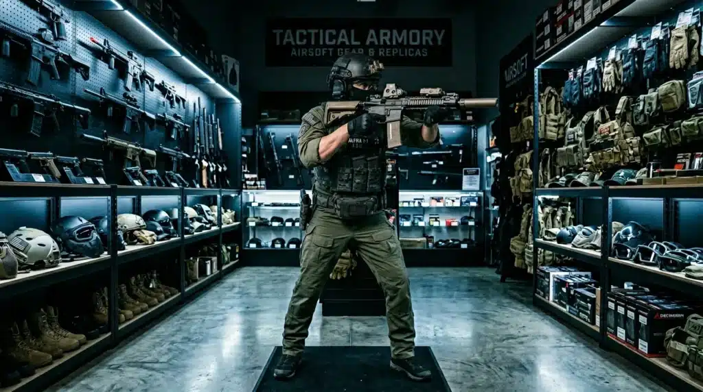 Soldat équipé dans magasin armement tactique airsoft