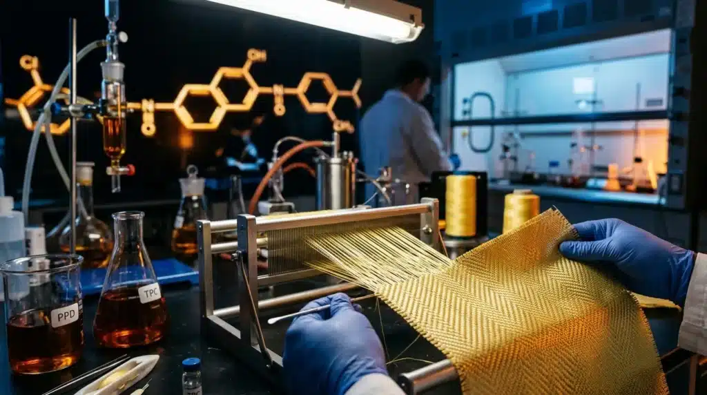 Scientifique manipulant tissu doré dans laboratoire de chimie