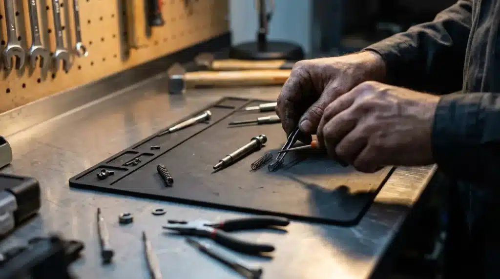 Technicien assembl des composants électroniques sur un établi.
