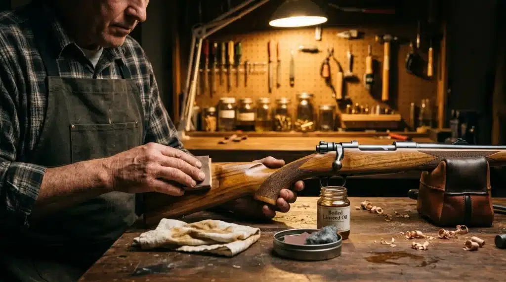 Artisan applique l'huile de lin sur le bois d'un fusil
