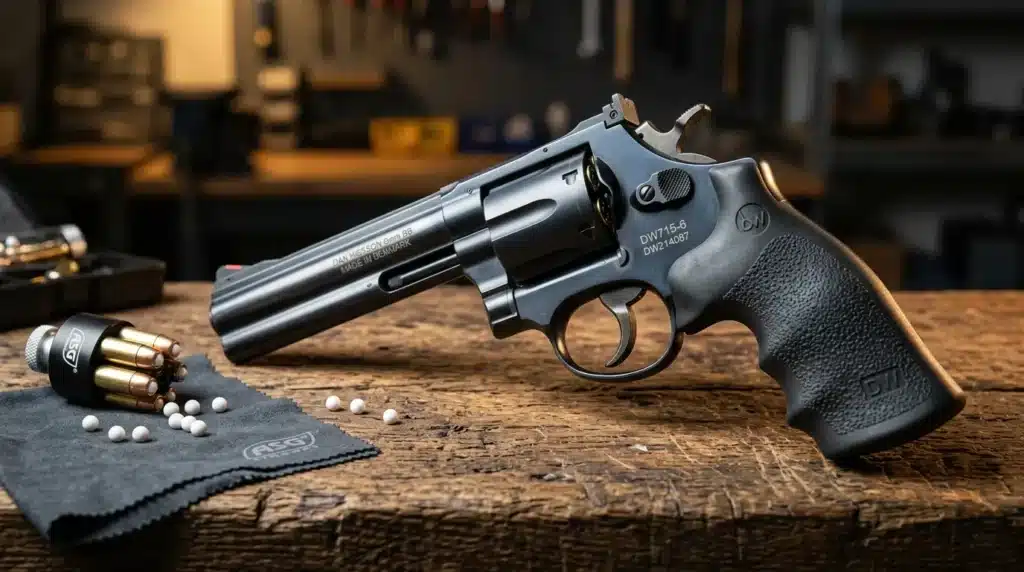 Revolver noir avec cartouches et balles sur table en bois