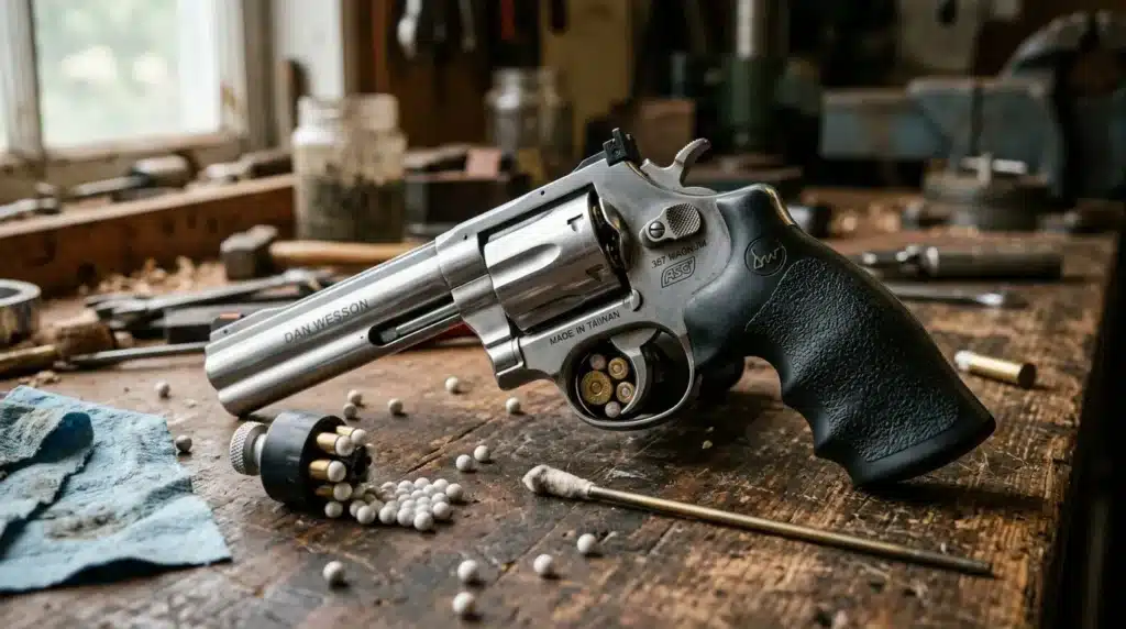 Revolver chromé Dan Wesson avec balles et accessoires de nettoyage