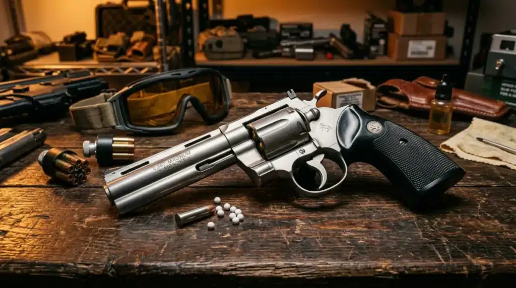 Revolver calibre 357 magnum avec munitions sur établi