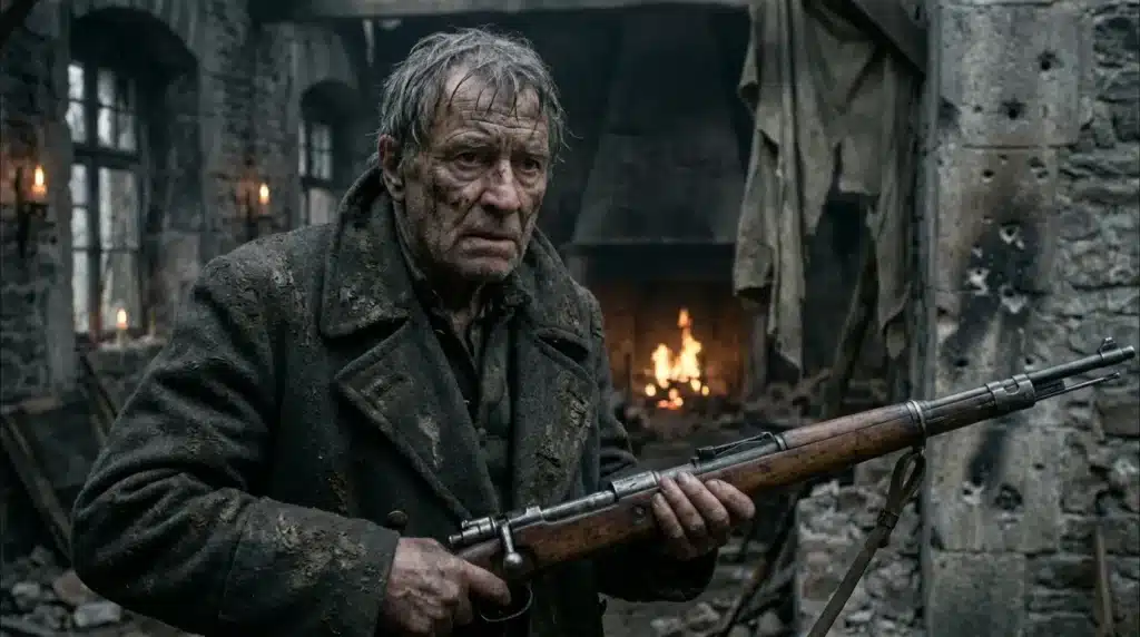 Homme âgé tenant un fusil dans des ruines en feu