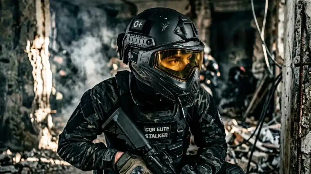 Soldats équipés casques futuristes explorent bâtiment détruit