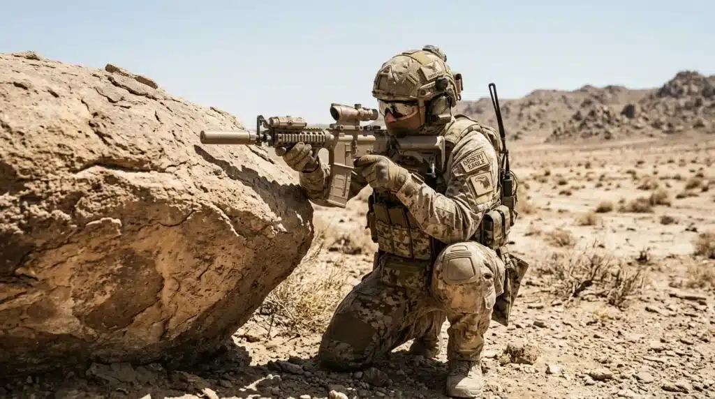 Militaire armé en position de tir dans désert rocheux