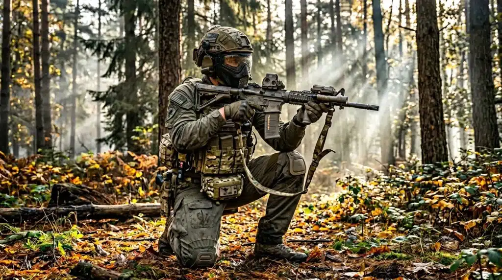 Soldat armé en tenue tactique dans une forêt d'automne