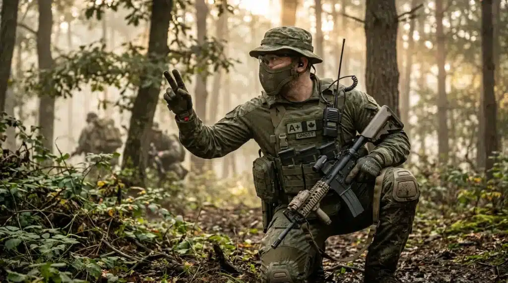 Soldat armé en tenue de camouflage fait signe de paix en forêt