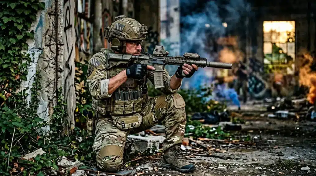 Militaire armé en position défensive dans rue urbaine