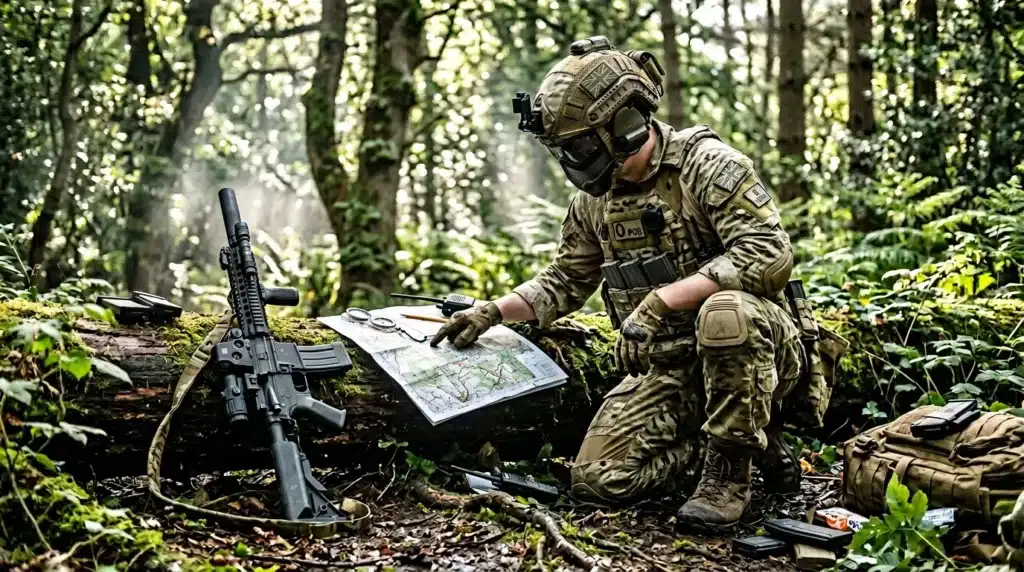 Militaire équipé consulte une carte en forêt dense