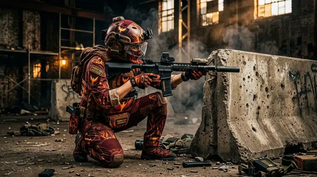 Militaire armé en uniforme rouge or derrière un muret béton