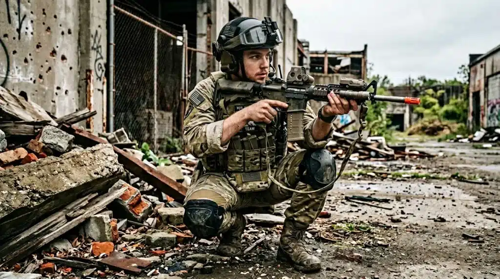 Militaire armé dans ruines urbaines abandonnées