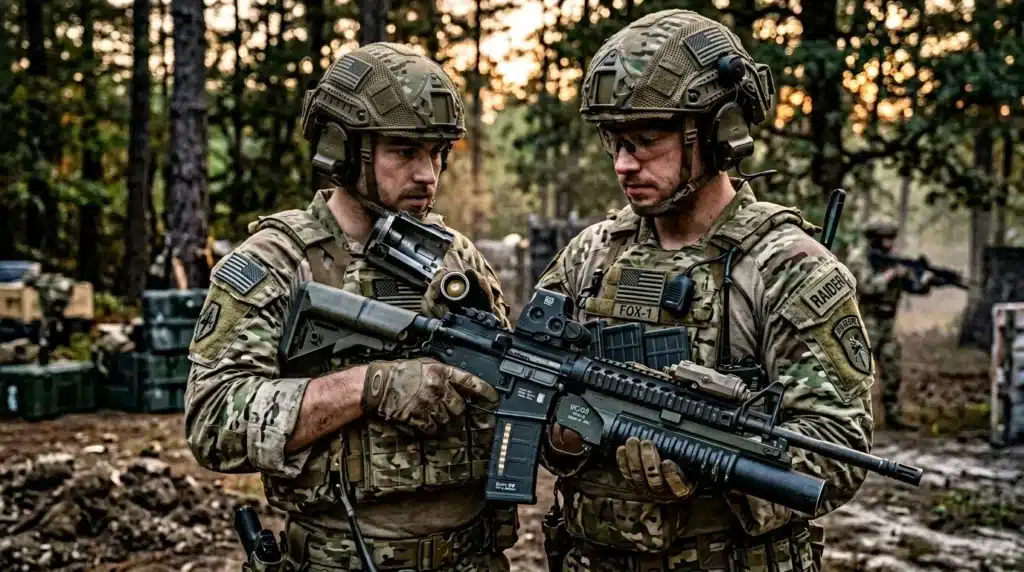 Deux militaires équipés en forêt discutent mission.