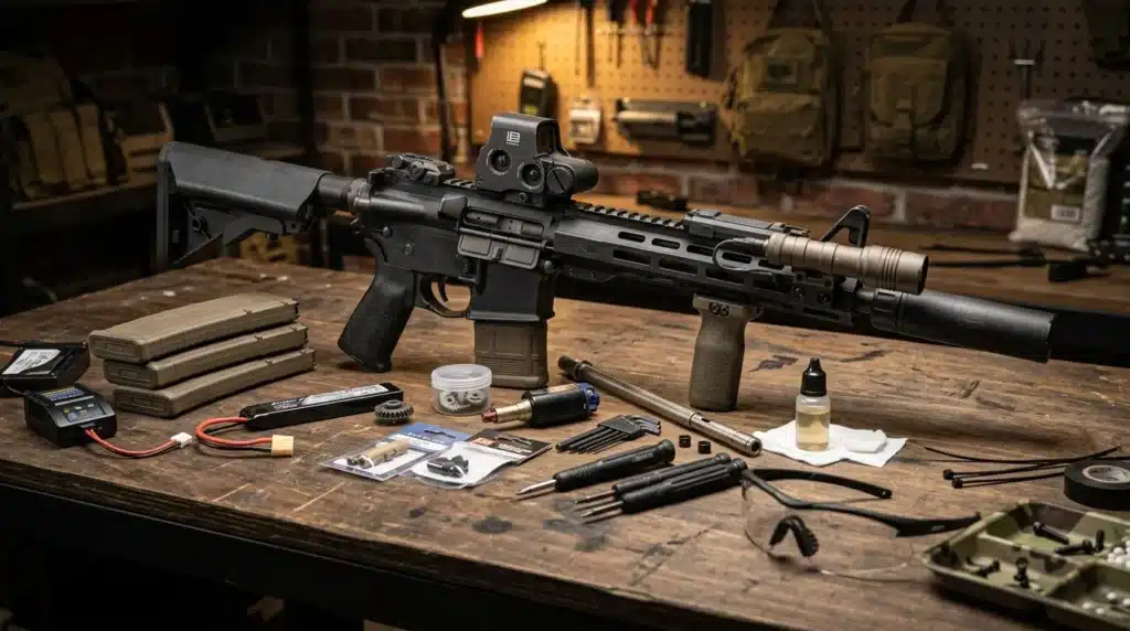 Fusil AR-15 et outils maintenance sur établi atelier