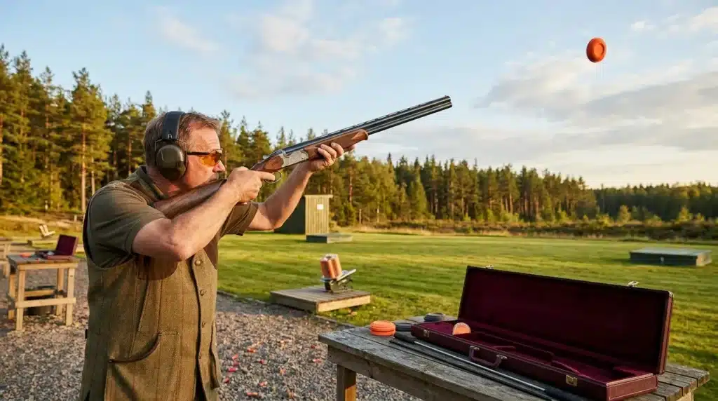 Homme tirant au fusil à la cible dans champ