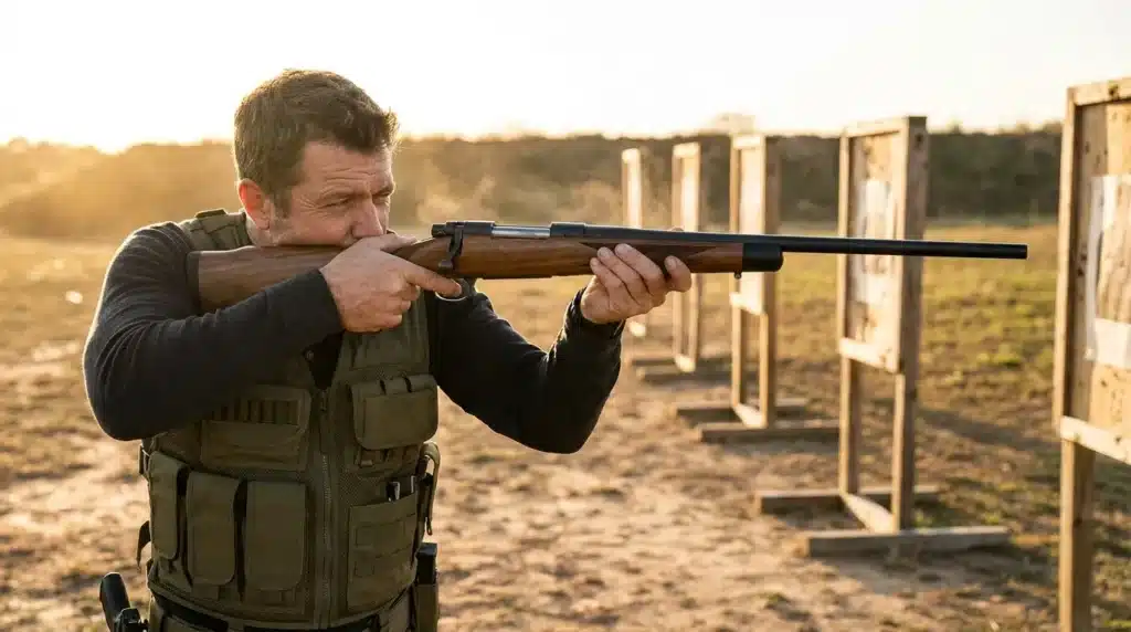 Homme visant avec fusil de chasse au stand de tir
