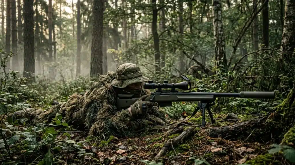 Soldat camouflé en tenue de ghillie visant avec fusil de précision