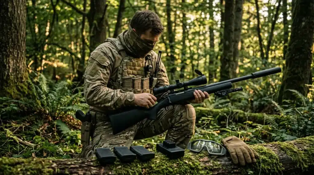 Soldat armé équipement tactique forêt inspection