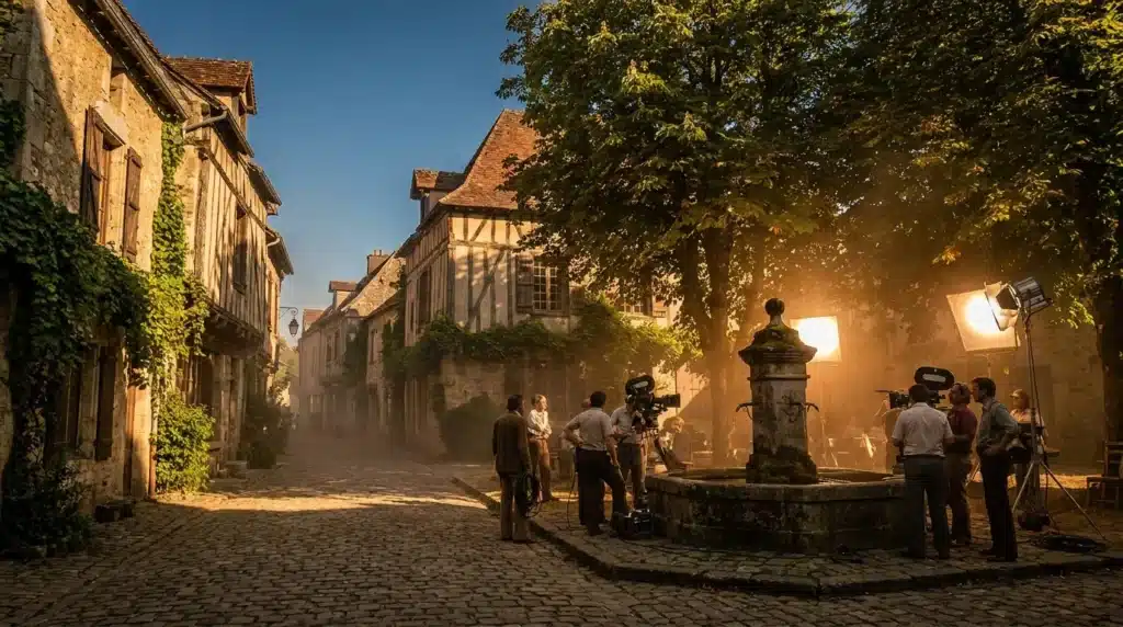 Équipe de production filmant dans une rue pavée historique
