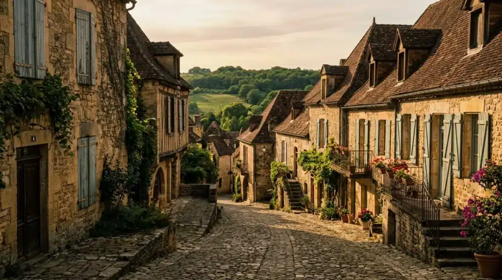 Rue pavée de village ancien avec maisons en pierre et paysage verdoyant
