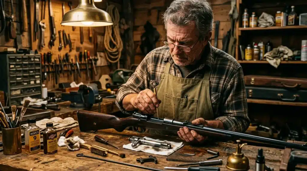 Homme âgé réparant un fusil dans son atelier artisanal