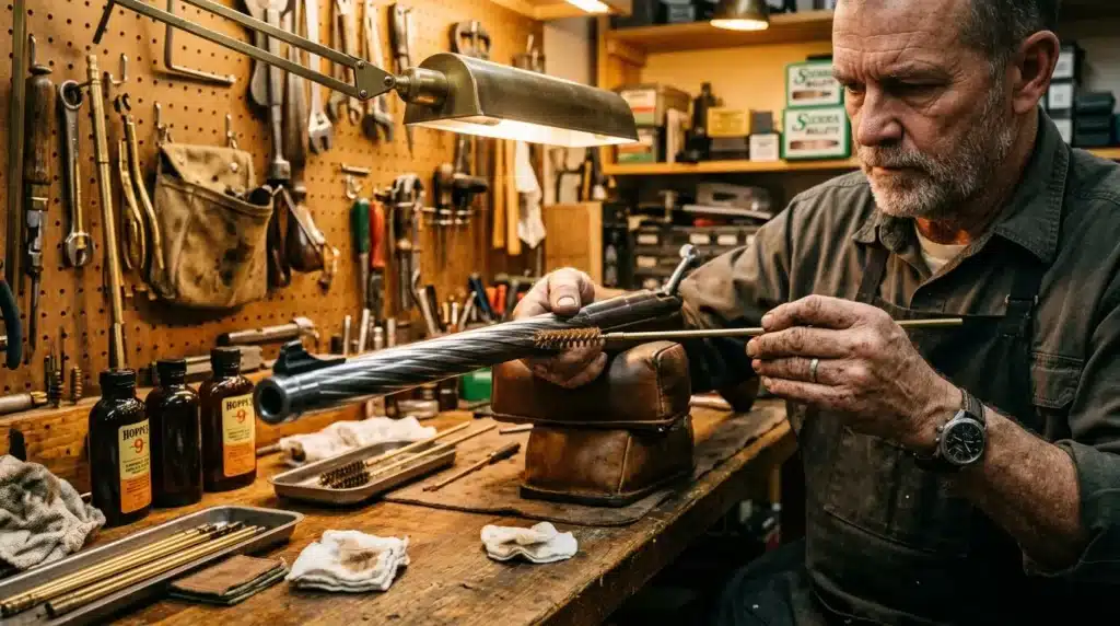 Homme entretenant un fusil dans son atelier professionnel.