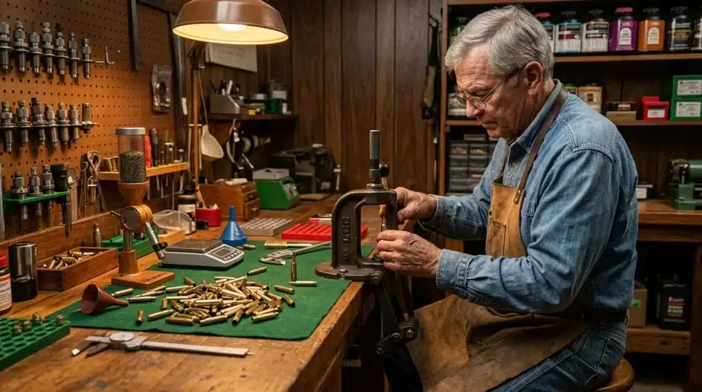 Homme senior travaillant dans un atelier de rechargement de munitions
