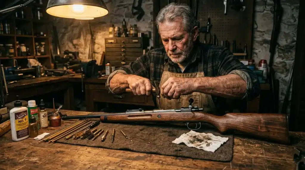 Homme âgé en atelier réparant un fusil de chasse vintage