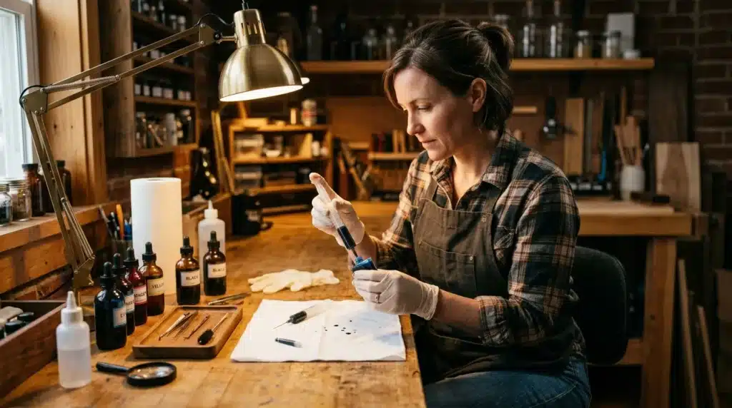 Femme en atelier préparant de l'encre avec pinceau