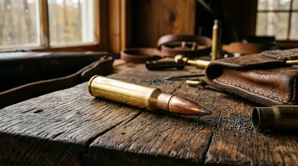 Cartouche de munition sur table en bois rustique