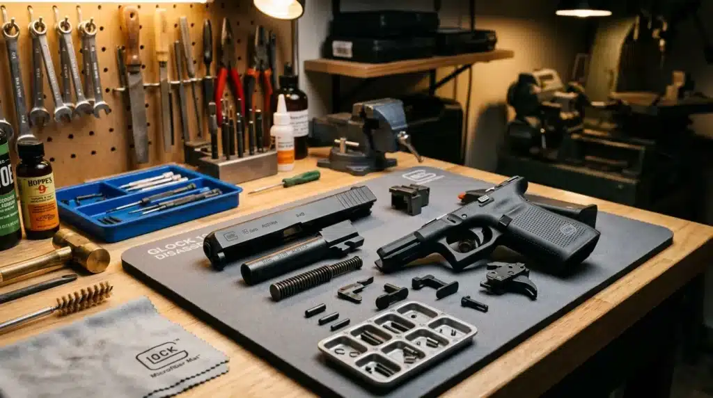 Pistolet démonté avec pièces et outils de maintenance organisés