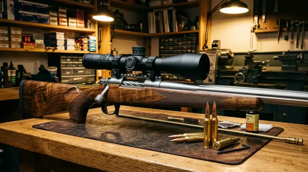 Fusil de chasse équipé d'une lunette dans un atelier