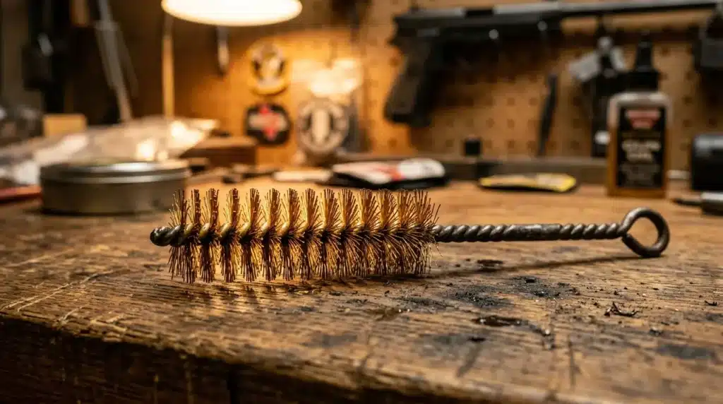 Brosse de nettoyage métallique sur établi en bois d'atelier