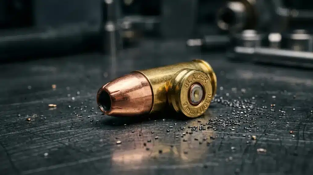 Balle de calibre 9mm Blazer sur table noire