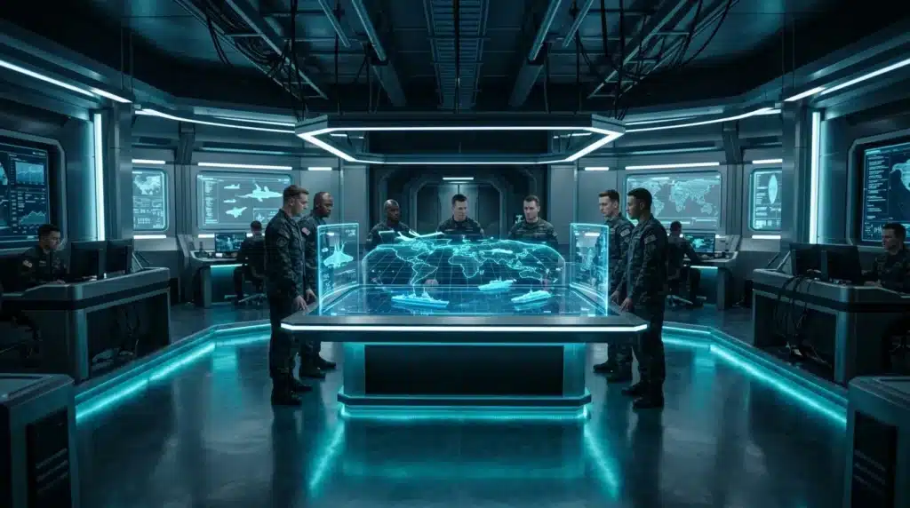 Salle de contrôle haute technologie avec hologramme de carte mondiale