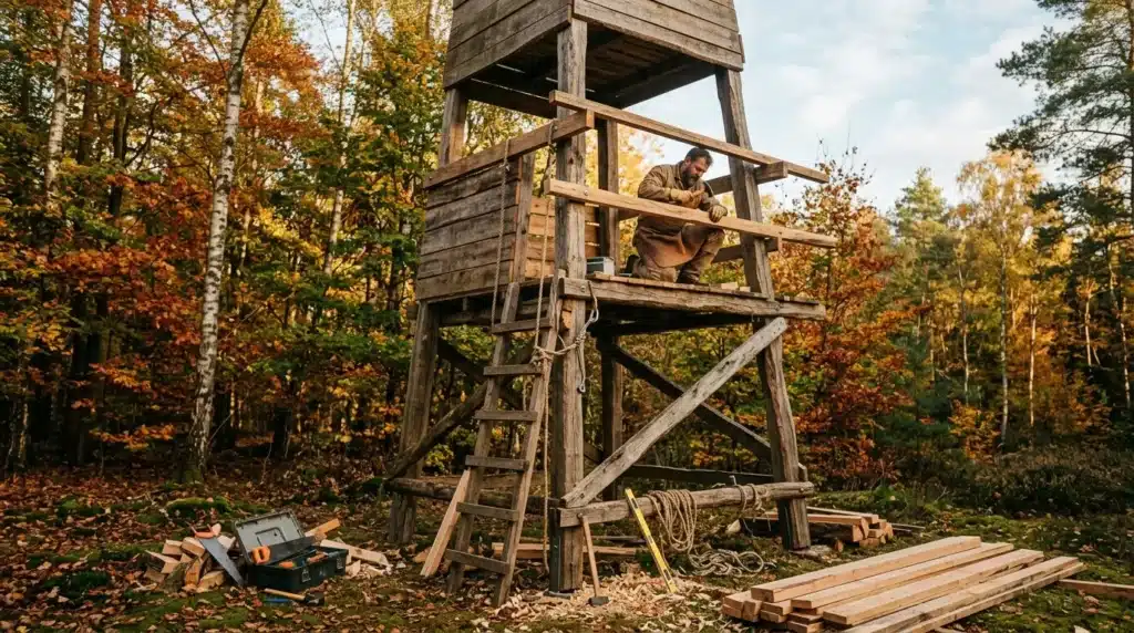 Homme travaillant sur une tour en bois en automne