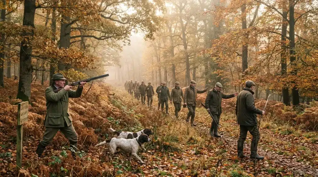 Chasseurs en groupe dans forêt d'automne avec chien de chasse