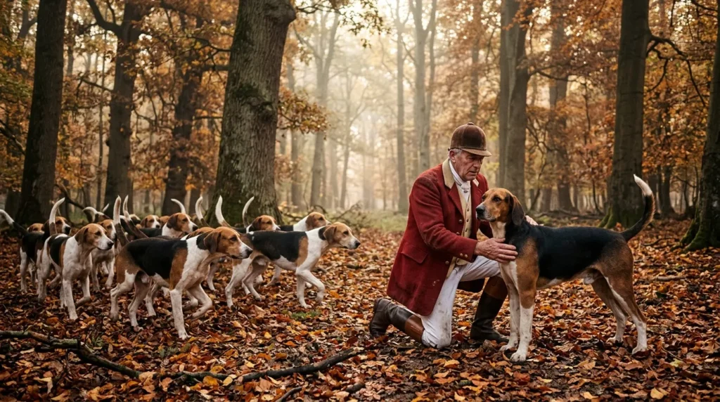 Homme en tenue rouge avec meute chiens forêt automne