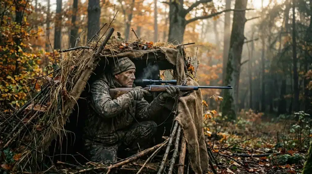 Chasseur caché dans un abri de branchages en forêt d'automne