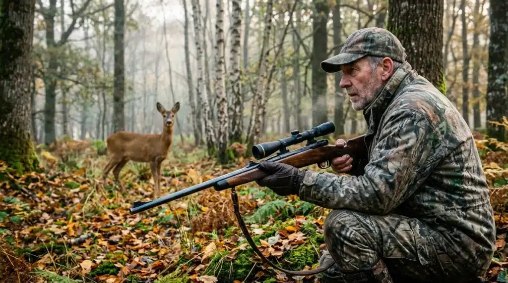 Chasseur armé visant un cerf en forêt d'automne