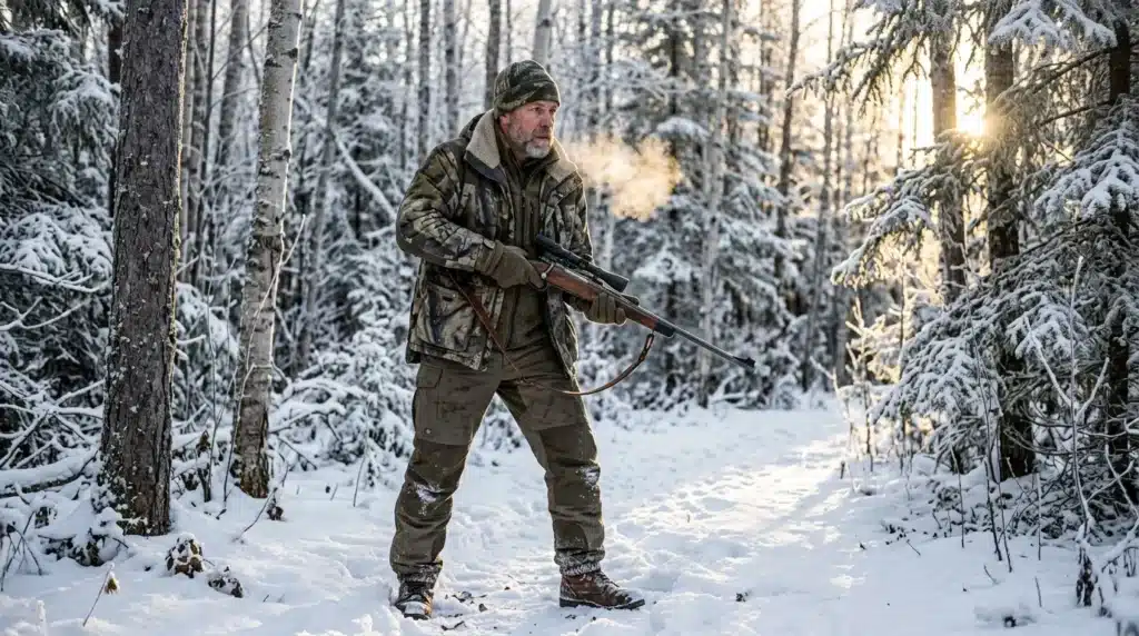 Homme armé dans forêt de conifères couverte de neige