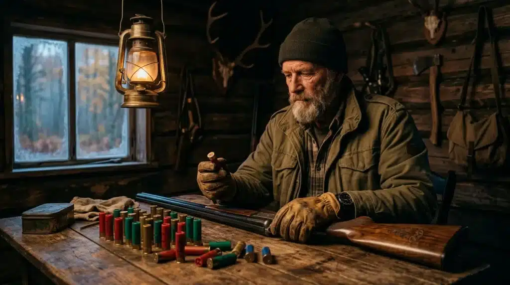 Homme barbu préparant des cartouches dans un refuge de chasse