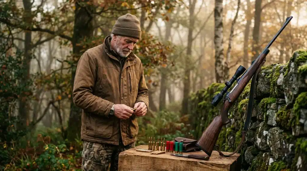 Homme avec fusil préparant des cartouches en forêt automnale
