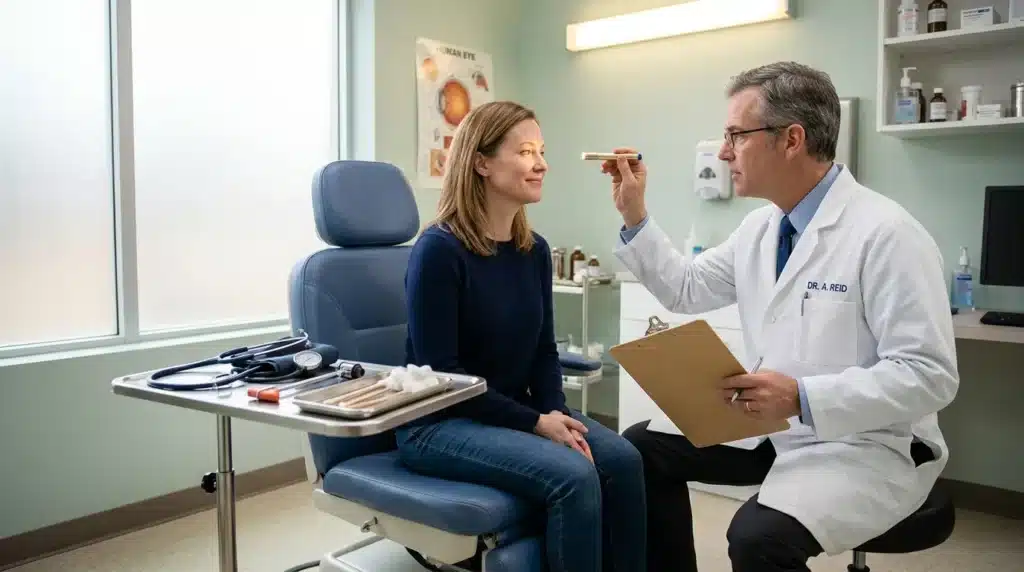 Docteur examinant les yeux d'une patiente dans un cabinet médical