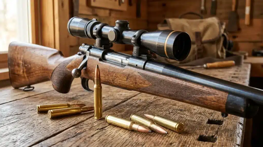 Rifle avec lunette de visée et cartouches dorées