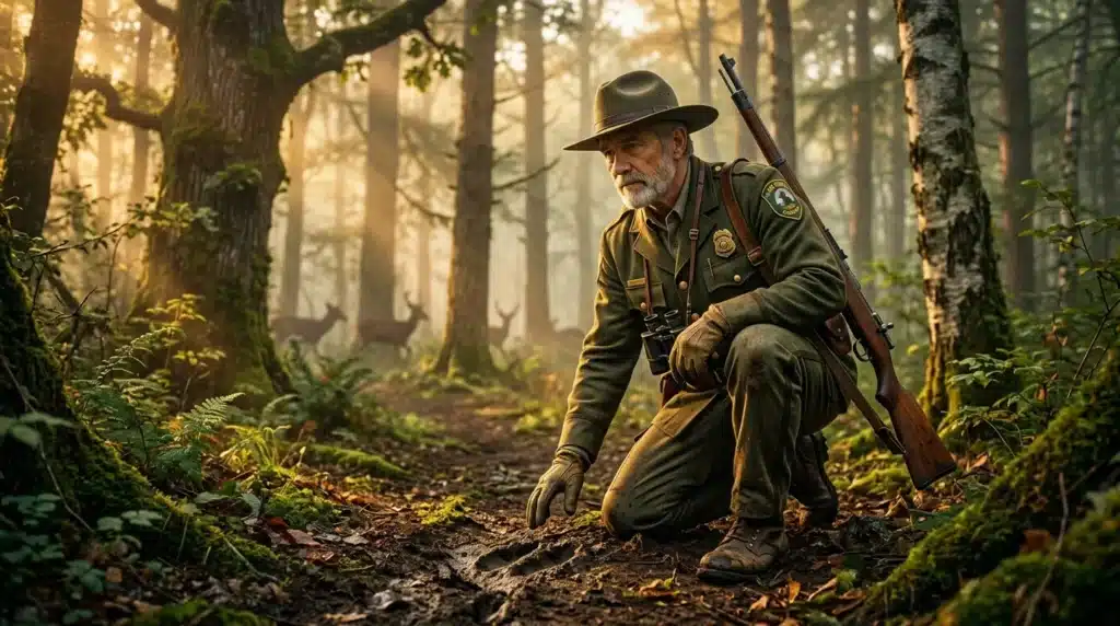 Homme en uniforme de ranger armé dans une forêt ensoleillée